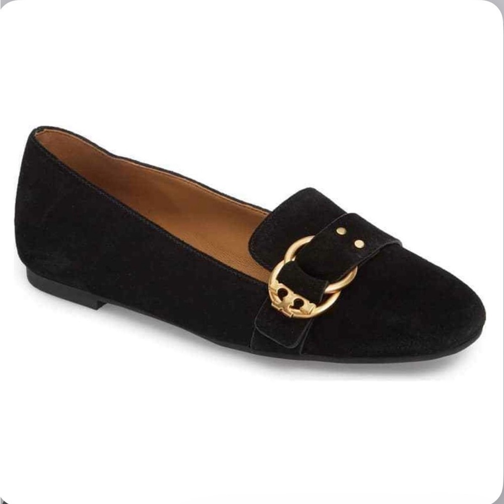 Tory Burch Marsden Black Suede Flats with Gold Logo Buckle Size 7